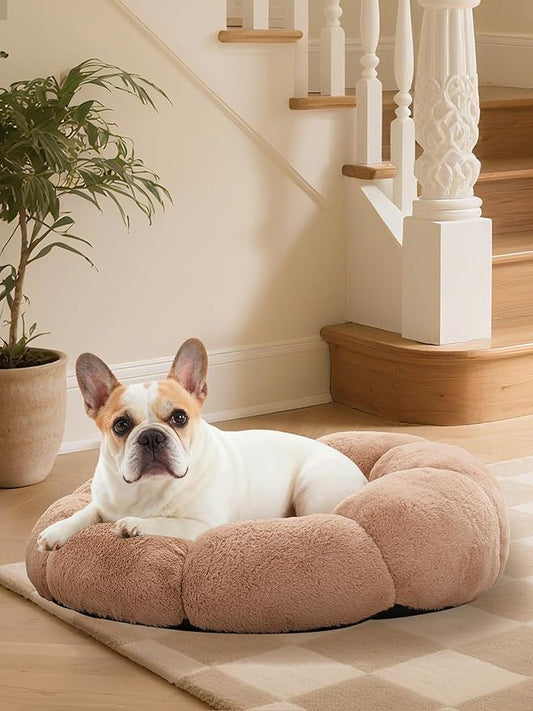 OhGeni 27 inches Calming Donut Dog & Cat Bed for Medium Pets, Warming Comfort Fluffy Short Pile Fur, Durable Machine Washable, Cute Round Bed for Puppy and Kitten, Camel