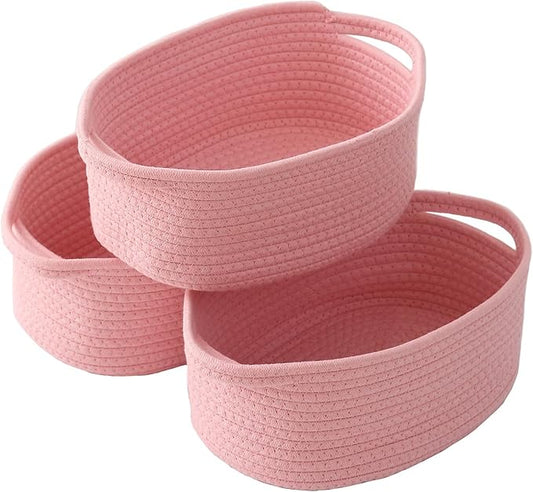 Woven Basket,Small Rope Storage Bin with Handles & Ribbon Bag, Organizer for Shelves Closets,Gift Basket Empty for Birthday,Books,Dog Toys, Pink/3 Pack