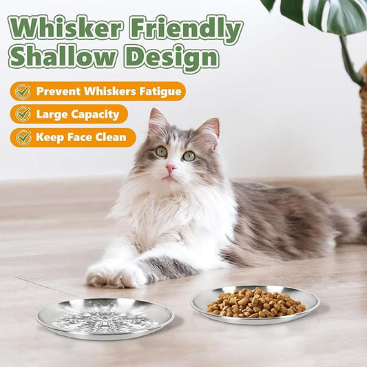 2-Pack Stainless Steel Cat Food Bowls, Shallow Whisker-Friendly Non-Slip Silicone Base Metal Dishes, Easy to Clean Indoor Feeding Flat Plates for Cat, Kitten, Small Dog (6.7")