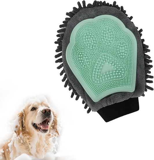Green Double-Sided Dog Bath Glove Cleaning Massage Dog Brush for Dogs and Cats Chenille Absorbent Pet Towel Mitt with TPR Pet Grooming Glove for Gentle Hair Removal Glove