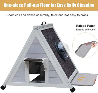 Deblue Weatherproof Cat House for Feral Cats, Outdoor Cat House for Small Cats, Unique Wooden Cat Shelter with Escape Door, Clear Window Fits for Small Pets - Grey