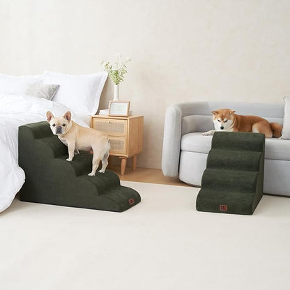 EHEYCIGA Curved Dog Stairs Ramp for High Beds 19.7" H, 4-Step Dog Steps for Small Dogs and Cats, Pet Stairs for High Bed Climbing, Non-Slip Balanced Pet Step Indoor, Military Green