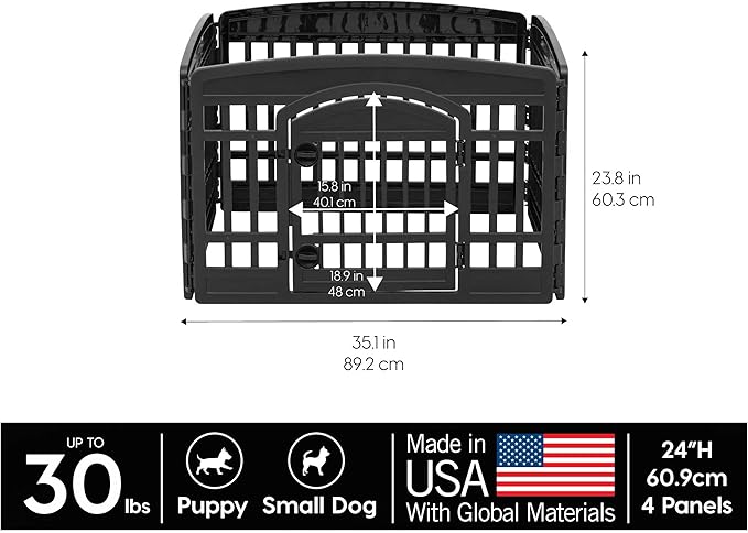 IRIS USA 24" Dog Playpen 4-Panel Pet Exercise Pen with Door Gate 35 x 35 x 24 Puppy Play Pen Indoor Outdoor Plastic Foldable Portable Pet Fence for Small Medium Dogs Puppies Multiple Pets Black
