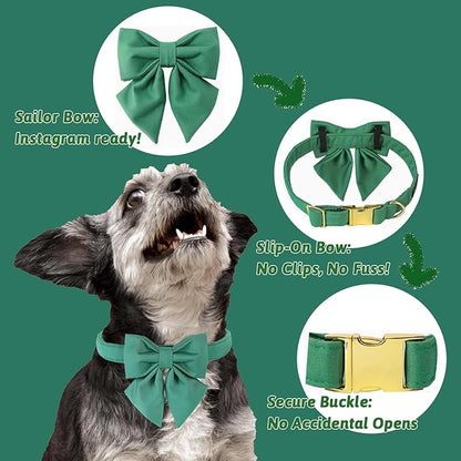 Maca Bates Jade Green Dog Collar with Cute Solid Sailor Bow Tie for Extra Small Girl Boy Dogs,Adjustbale Durable Breakaway Soft Collars with Bowtie for Female Male Puppy,Pet with Metal Buckle