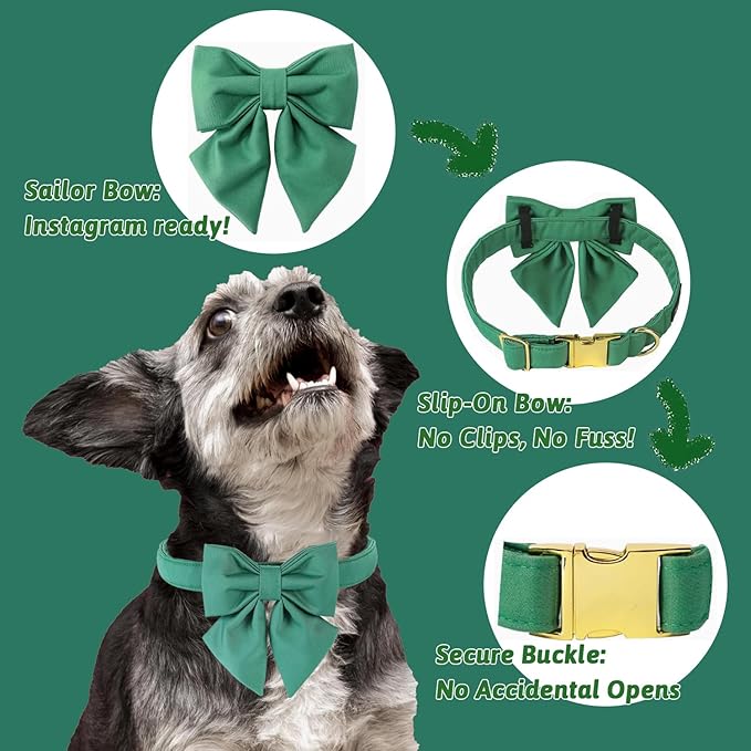 Maca Bates Jade Green Dog Collar with Cute Solid Sailor Bow Tie for Small Girl Boy Dogs,Adjustbale Durable Breakaway Soft Collars with Bowtie for Female Male Puppy,Pet with Metal Buckle