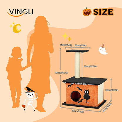 VINGLI 43.4in Halloween Cat Tree Tower, Indoor Gothic Cat House with Sisal-Covered Scratching Posts & Platforms & Cat House Caves Box with Gesture, Black & Orange