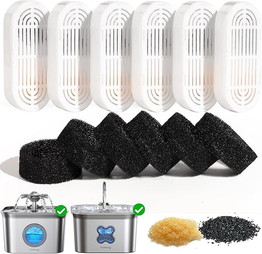 6 Pack Replacement Filters + 6 Pump Sponges for Feelneedy Cat Water Fountain [FN-W22] - 99oz/2.8L Pet Water Fountain Filters