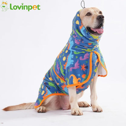 LovinPet 3‑in‑1 Dog Warm Winter Coat & Bathrobe, Hooded Dinosaur Fleece, Lightweight High‑Loft, Absorbent Knit, Quiet Hook‑and‑Loop, Wind‑Blocking Edges, Dog Robes for Medium & Large Dogs, Teal Blue,M