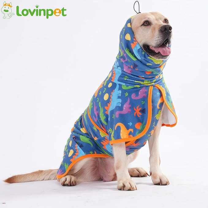 LovinPet 3‑in‑1 Dog Warm Winter Coat & Bathrobe, Hooded Dinosaur Fleece,Lightweight High‑Loft,Absorbent Knit, Quiet Hook‑and‑Loop, Wind‑Blocking Edges,Dog Robes for Medium & Large Dogs, Teal Blue,XL