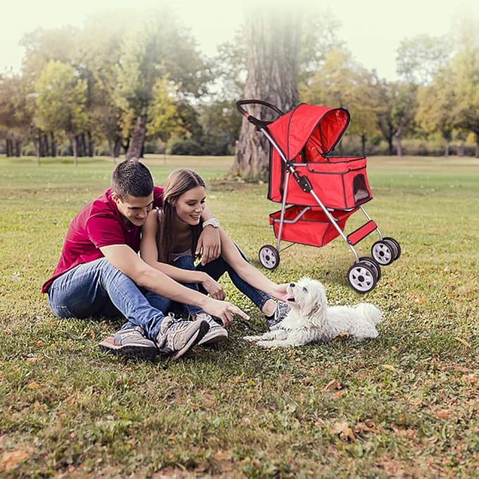 4 Wheels Pet Stroller Cat Dog Cage Stroller Travel Folding Carrier with Cup Holders and Removable Liner for Small-Medium Dog, Cat (Red)
