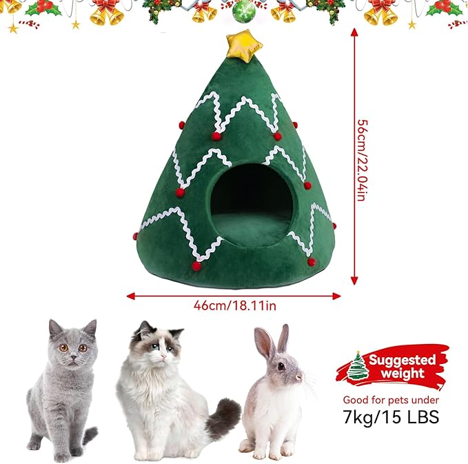 NIBESSER Cat Bed Christmas Tree Cat Tent House Self-Warming 2 in 1 Removable Comfortable Triangle Pet Teepee Xmas Dog Cave in Winter(Green/White)
