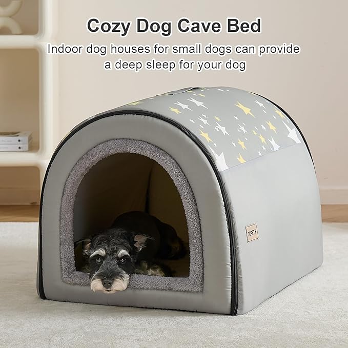 Jiupety Indoor Dog House, 2-in-1 Portable Foldable House Bed with Cover, Pet Tent & Cave Bed for Medium Dogs, XL(28"×21"×19"), Up to 40 Lb, Grey