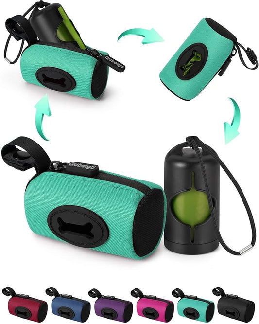 Gobeigo【Easy Pull-Out Version】 Dog Poop Bag Holder,【2-in-1 Hard Plastic Insert & Soft Fabric Bag】Snap-On Strap Dispenser Fits Retractable and Standard Leashes with 1 Roll Bags (Turquoise)