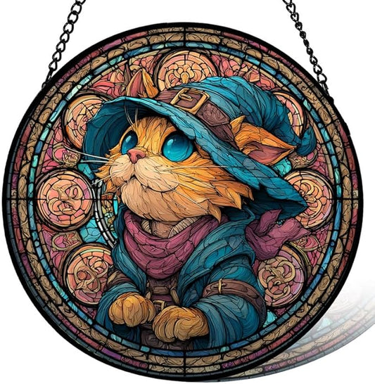 Stained Glass Window Hanging， Wizard Cat 7.8in Sun Catchers Indoor Window， Core Decor Inside and Outside The Cottage， Cute Feline Stained Glass Art， Unique Home Decor， Gifts for Women