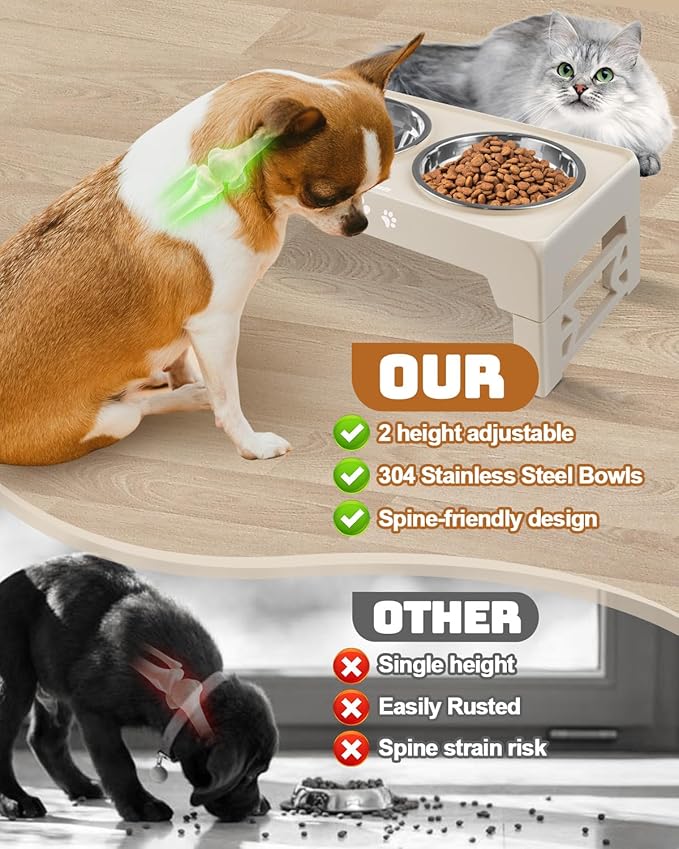 Elevated Dog Bowls for Small Dogs and Cats, Dog Feeder with 2 Thick 5.5" Stainless Steel Dishes, Non-Slip 2 Heights Adjustable to 2.6"-5.3"