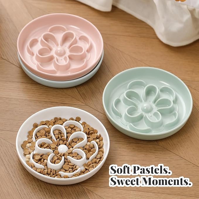 Melamine Cat Slow Feeder Bowl - Floral Maze Cat Food Dish - Flat Plate for Dry & Wet Food - Cute Kitten Bowl - Dishwasher Safe - 6.3'' W x 1'' H - 5.5 oz (160g) - Blue