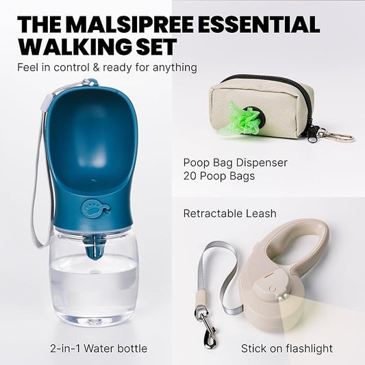 MalsiPree Complete Dog Walking Set - 9.8ft Retractable Leash Set with 20 Poop Bag and Dispenser, Leakproof Dog Water Bottle 12oz & Flashlight - Essential Walking Accessory for Small to Medium Dogs