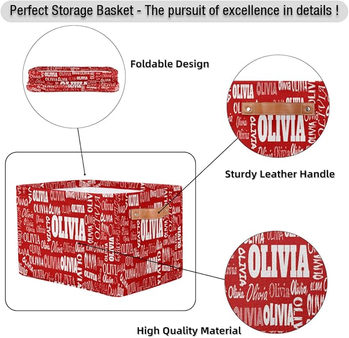 Custom Rectangle Storage Basket, Personalized Name Organizer Bin for Pet/Children Toys, Books, Clothes, Perfect for Rooms/Playroom, Red Color