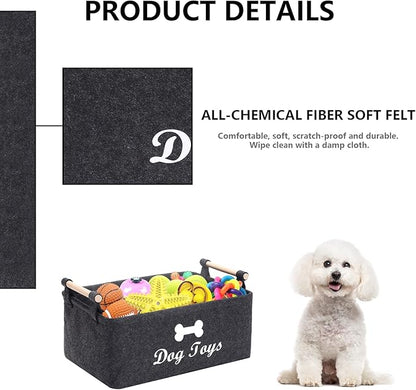 Geyecete Dog Toys Storage Bins - with Wooden Handle, Collapsible Pet Supplies Storage Basket Pet supplies storage Basket/Bin Kids Toy Chest Storage Trunk(DOG-Dark Grey)