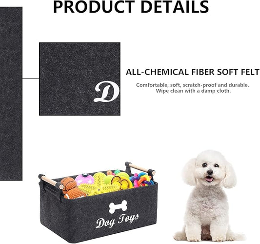 Geyecete Dog Toys Storage Bins - with Wooden Handle, Collapsible Pet Supplies Storage Basket Pet supplies storage Basket/Bin Kids Toy Chest Storage Trunk(DOG-Dark Grey)