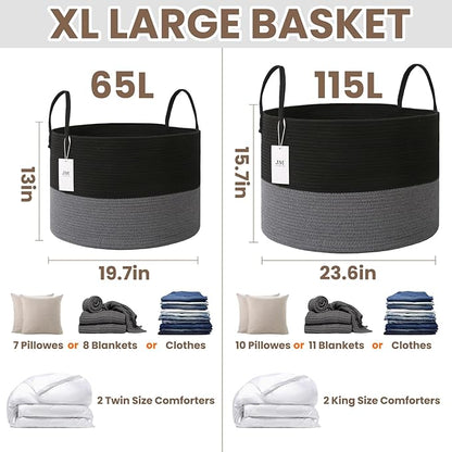 65L Extra Large Blanket Basket for Living Room - Woven Cotton Rope Laundry Hamper with Reinforced Handles - Storage Bin for Pillows, Comforters & Toys - Machine Washable,Black&Grey