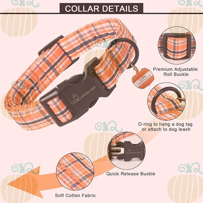 ARING PET Puppy Fall Dog Collar, Autumn Orange Black White Plaid Pet Collars for Small Medium Large Girl Boy Dogs Halloween-XL Size