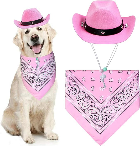 GOYOSWA Dog Halloween Costumes, Dog Cowboy Costume Halloween Pet Cowboy Hat Bandana Scarf for Small Medium Large Dogs Pets (Pink Hat & Pink Bandana, Large)