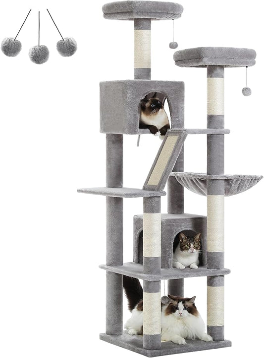 PAWZ Road Large Cat Tower, 70 Inches Tall Cat Tree with 2 Cozy Condos, 2 Plush Perch, Large Basket, 2 Scraching Pad & 6 Scraching Posts for Indoor Cats Adult, Gray