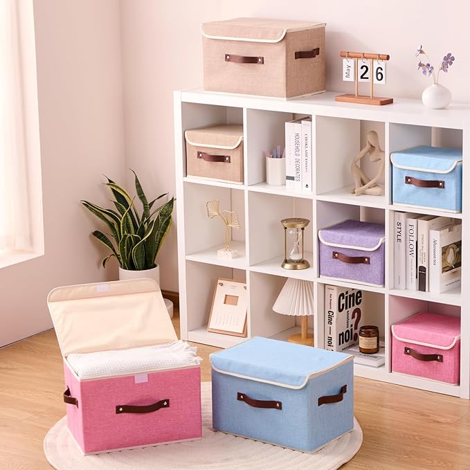 Storage Boxes with Lid Cotton Linen Fabric Storage Bins Organizer Container Decorative Collapsible Washable Shelf Baskets Faux Leather Handles for Home Bedroom Closet (Linen, Small)