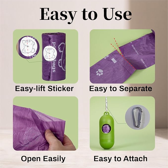 270 Count Dog Poop Bags Rolls with Dispenser & Leash Clip, 9″ x 13″ Scented Biodegradable Leak Proof Poop Bags for Dogs, Cats & Pet Waste, 18 Refill Rolls of 15, Purple