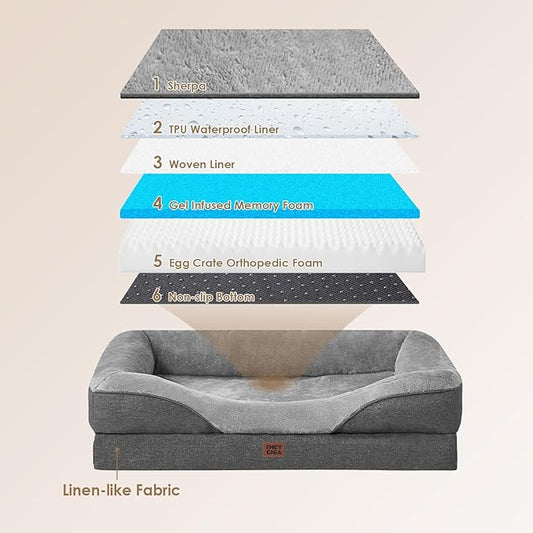EHEYCIGA Orthopedic XXL Dog Bed for Large Sized Dog, 52x41x8 Inch Extra Large Memory Foam Dog Couch Bed with Sides, Waterproof Liner & Washable Removable Cover, Bolster Pet Sofa, Grey