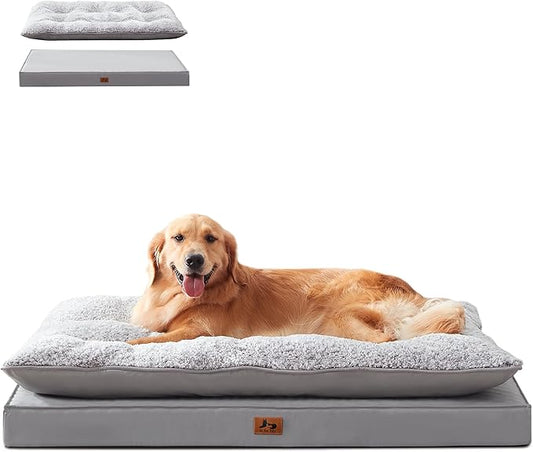 2-Pack Waterproof Dog Bed Large Size Dogs, Plush Cushion & Orthopedic Egg-Crate Foam Mattress for Senior Dogs, Washable Dog Crate Bed with Removable Cover, Light Grey