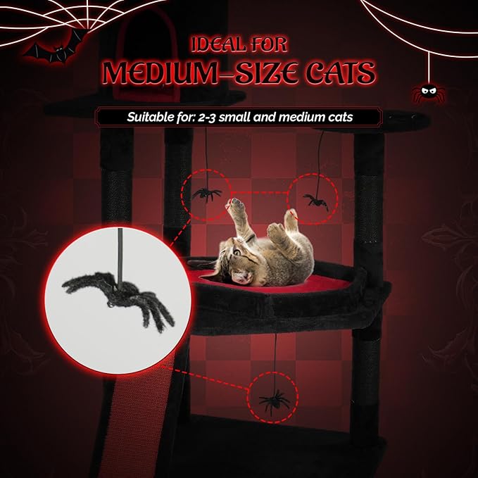 VINGLI 53.5in Gothic Cat Tree with Coffin Bed, Large Cat Tower for Indoor Cats with Spacious Condo, Spider Web Perch, Sisal Scratching Posts & Board, Hanging Spider Toys, Red & Black Cat Furniture