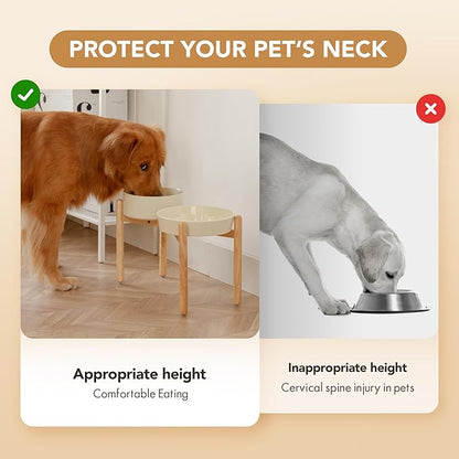 Ceramic 3.2 Cup Raised Slow Feeder Dog Bowl Set, Elevated 8.2inch Bowl and 9.5inch Slow Pet Food Dish with Wooden Stand for Large Dog (2 x Beige+ Stand)