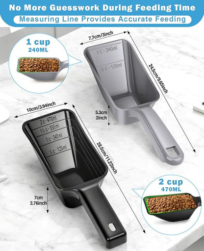 2-Pack Dog Food Scoop Set,1 Cup and 2 Cup Plastic Pet Food Measuring Scoops with Clear Measurement Lines,Multi-Purpose Pet Food Scooper for Dogs, Cats (Grey and Black)
