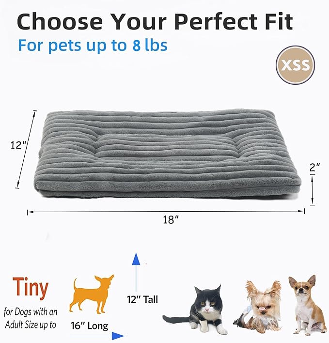 Cat Bed Dog Crate Pad Ultra Soft Comfy Flat Pet Bed Sleeping Cushion Washable Crate Mat for XX-Small Dogs and Indoor Cats Anti-Slip Tiny Dog Kennel Pad Cat Carrier Mat 18 x 12 inch Grey