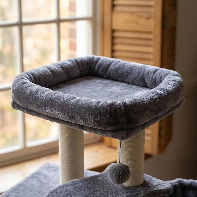 AIWIKIDE 35.4'' Multifunction Cat Tree with Cozy Hammock & Hanging Ball, Cat Tower with Activity Cat Condo & Jute-Covered Scratching Posts, Grey