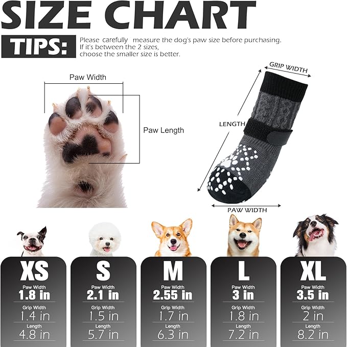 EXPAWLORER Dog Socks for Prevent Licking Paws,Winter Boots & Paw Protectors, Non Slip Doggie Grippy Booties for Hardwood Floors, Shoes for Small Medium Large Senior Dogs Twists Grey S