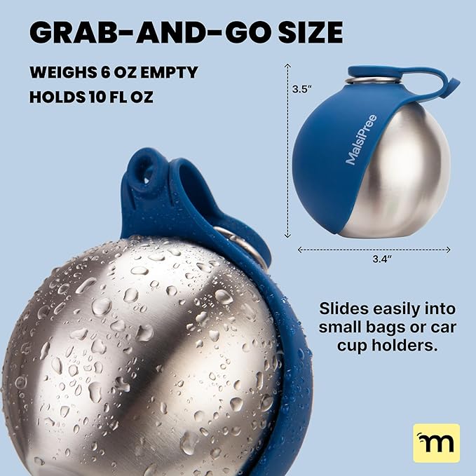 MalsiPree 2-in-1 Portable Dog Water Bottle and Travel Bowl for Small Dogs - Stainless Steel Dog Water Jug for Walking, Hiking, and Car Trips - Leak-Proof Dog Water Bottle Portable - 10oz Navy