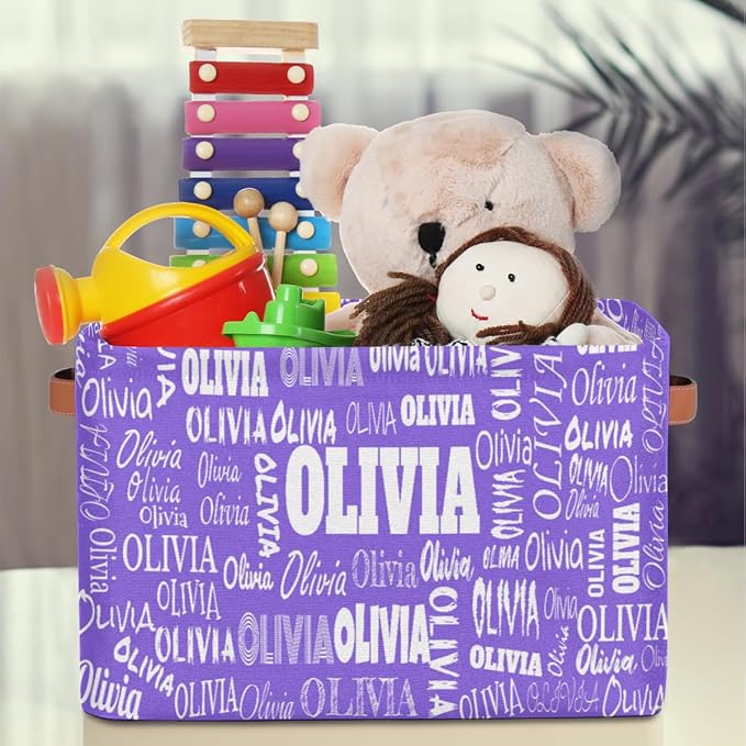 Custom Storage Baskets for Kids with Name, Large Foldable Organizer Collapsible Storage Bin with Leather Handle for Home Toys Closet Nursery, Violet Purple Light Solid Background