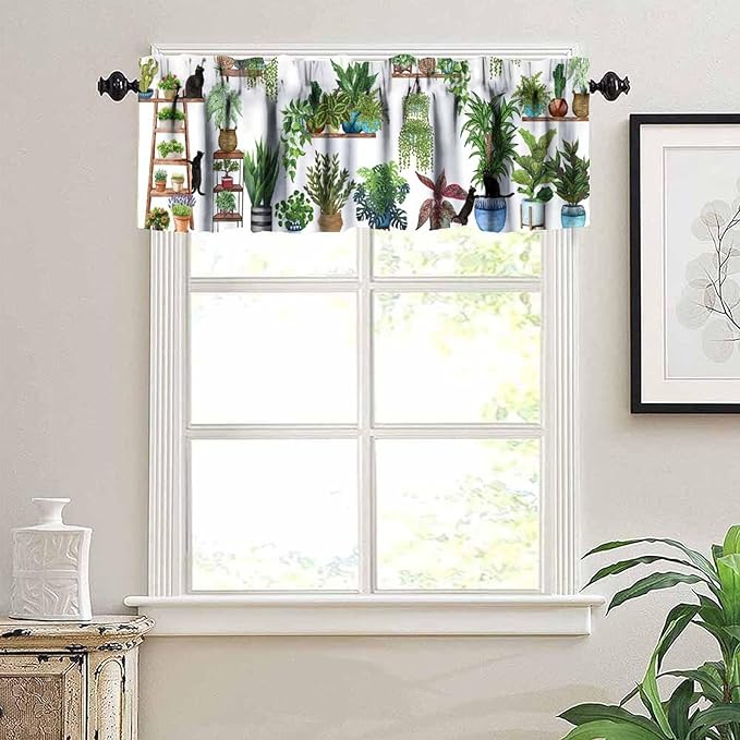 Bohemian Flower Window Valance Curtains, Colorful Boho Floral Black Cats Art Green House Tropical Plants Potted Flower Valance Curtain for Farmhouse Bedroom Living Room Kitchen 54x18inch