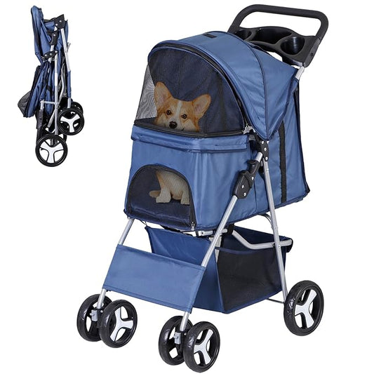 4 Wheels Dog Stroller Folding Pet Strolling Cart for Small Medium Cats Puppies Portable Jogger Travel Camping Puppy Carrier with Storage Basket Cup Holder, Navy Blue