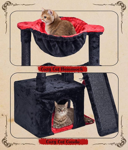 SYANDLVY Gothic Cat Tree for Indoor Cats Large Adult, Modern Activity Tower with Scratching Posts & Board, Condo with Plush Perch, Cradle & Hanging Ball & Spider for Play, Black