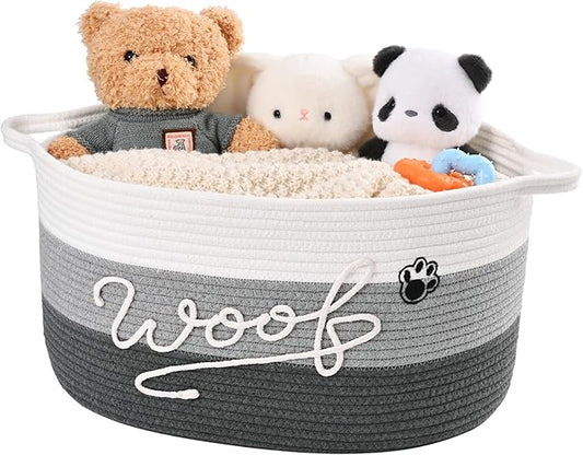 Woof Dog Toy Basket with Handles, Large Dog Toy Storage Bin with Paw Print, Woven Dog Basket for Blankets, Toys, Chews, Pet Toy Box for Nursery, Living Room, Bedroom, 17”x12”x9, Grey