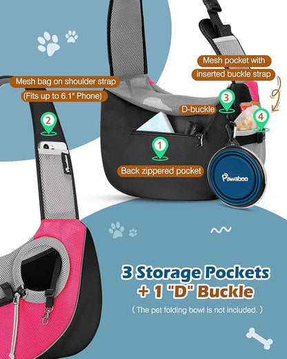 Pawaboo Pet Dog Sling Carrier, Hand Free Breathable Mesh Puppy Carrier, Dog Papoose with Zipper Touch Pocket and Adjustable Strap, Crossbody Satchel Dogs Purse for Outdoor, L, Pink