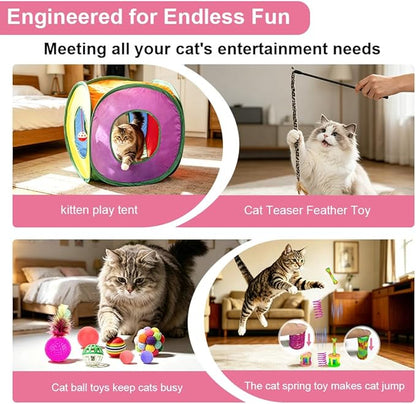Retro Shaw Cat Toys Pack 33Pcs, Interactive Kitten Toys for Indoor Cats Kitty with Collapsible Play Tunnel Tent, Feather Teaser Wand Bell Balls Springs Mouse Toys for Boredom Relief & Exercise