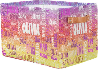 Custom Storage Baskets for Kids with Name, Large Foldable Organizer Collapsible Storage Bin with Leather Handle for Home Toys Closet Nursery, Bling Glitters Colorful Red Yellow