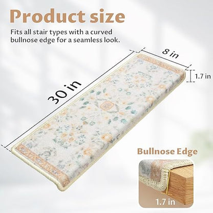RORA Bullnose Carpet Stair Treads Non-Slip Stair Treads for Wooden Steps,Washable Stair Carpet,Floral Stair Rugs,Runner Indoor Stair Mats for Pets Elder,7pcs,29.5 ''x9.5 ”x1.5 '',Beige