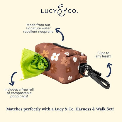 Lucy & Co. Chocolate Meadows Dog Poop Bag Holder - Leak Proof Dispenser - Hygienic Pet Poop Pickup (Brown & White Floral)