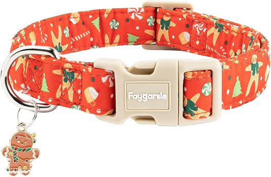 Faygarsle Christmas Dog Collar, Red Gingerbread Pattern, Plastic Buckle with Metal D-Ring, Holiday Pet Accessory, for Small Medium Large Dogs M